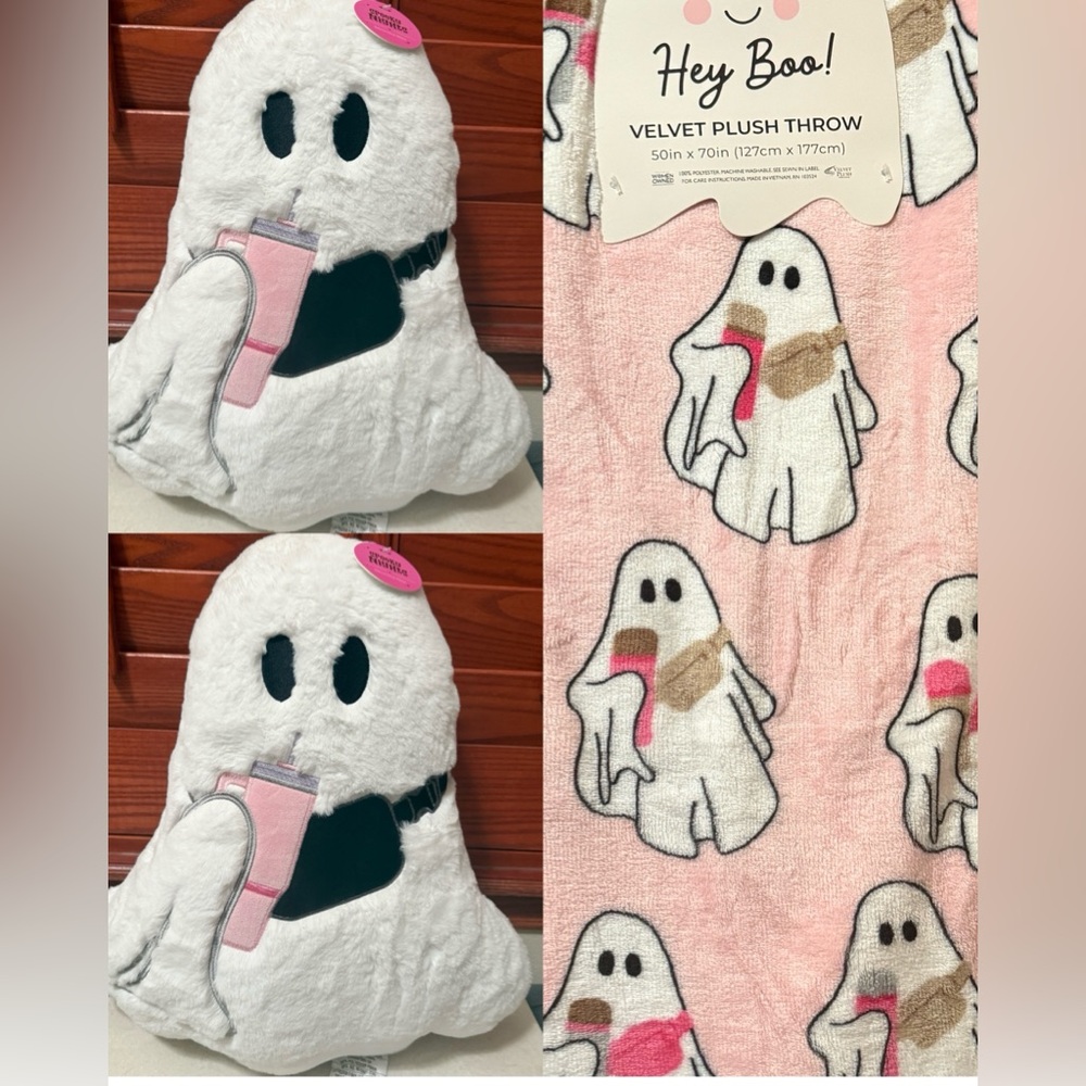 Pink Halloween Ghost Decor Pillows with stanley cup and blanket